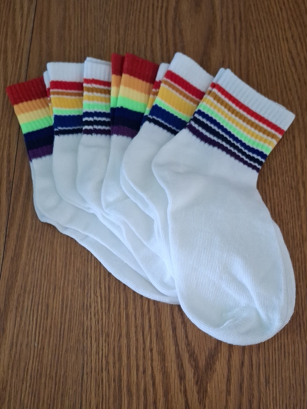 White Crew Socks with Rainbow Stripes - Pack of 6